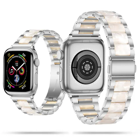 PERŁOWA HYBRYDOWA BRANSOLETA Z ŻYWICY I STALI NIERDZEWNEJ APPLE WATCH 38 / 40 / 41 / 42 MM SREBRNA