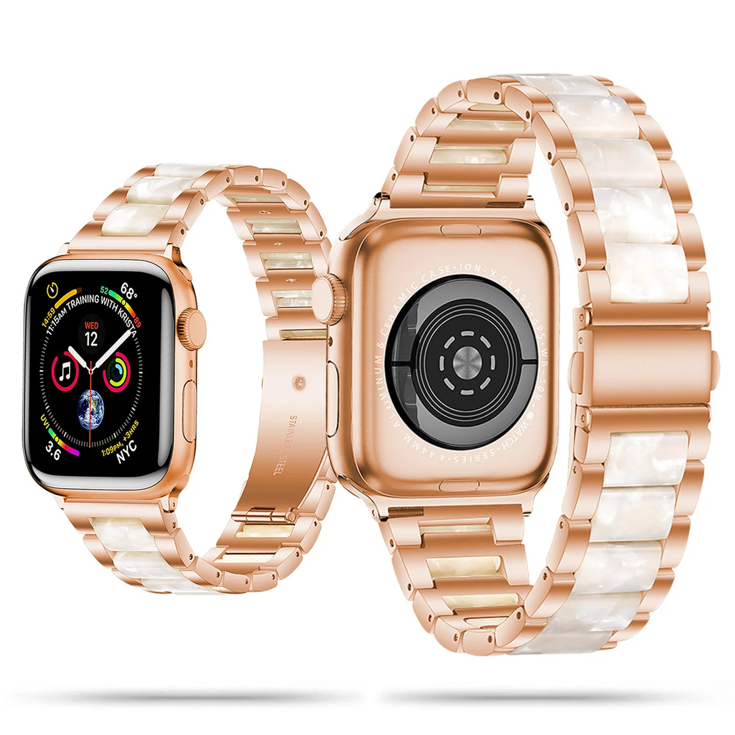 PERŁOWA HYBRYDOWA BRANSOLETA Z ŻYWICY I STALI NIERDZEWNEJ APPLE WATCH 38 / 40 / 41 / 42 MM RÓŻOWE ZŁOTO