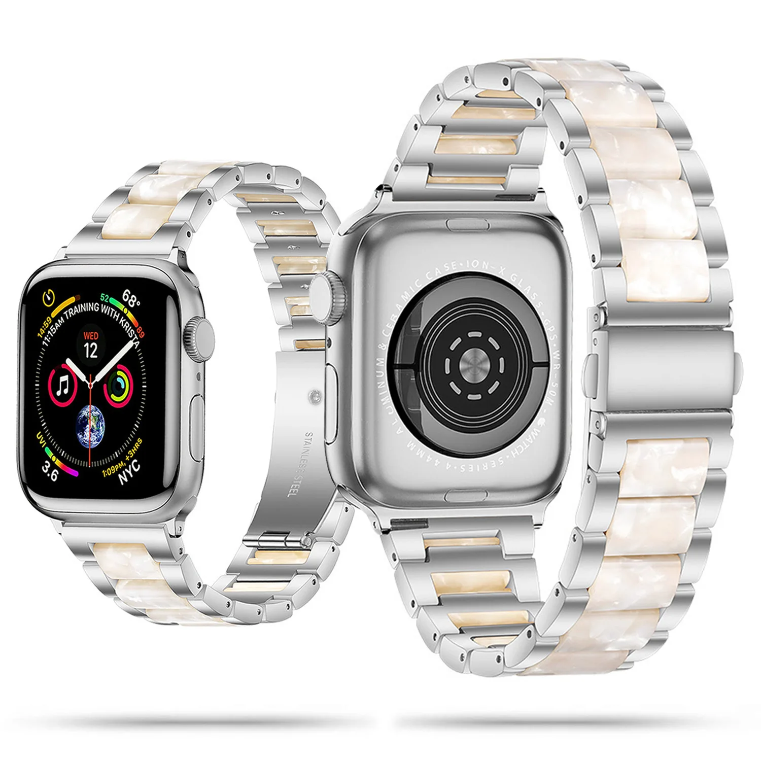 PERŁOWA HYBRYDOWA BRANSOLETA Z ŻYWICY I STALI NIERDZEWNEJ APPLE WATCH 38 / 40 / 41 / 42 MM SREBRNA